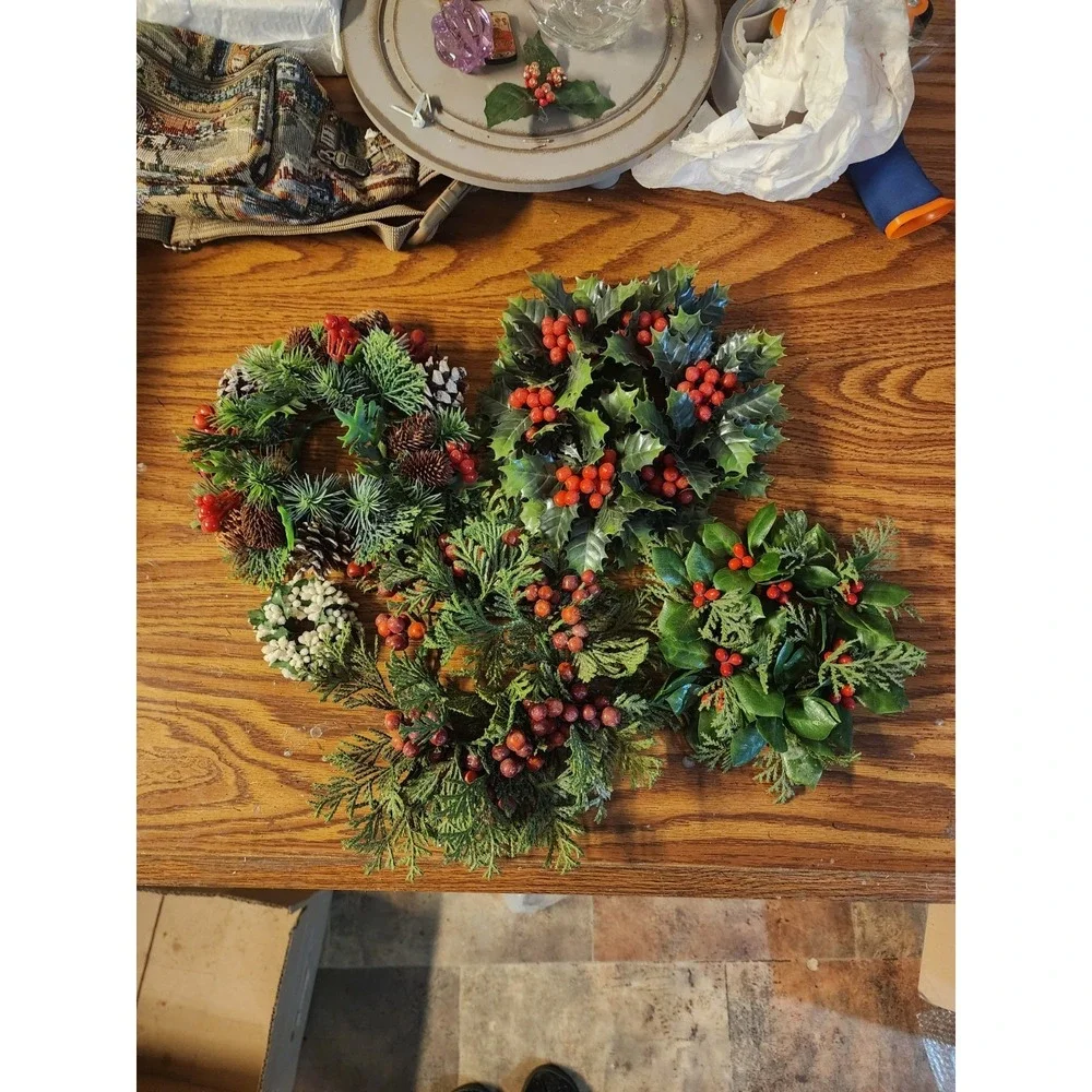 Vintage Lot Of 5 Christmas Faux Floral Candle Rings Wreaths MCM Holly Berry